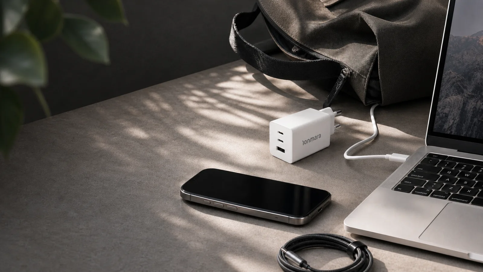 Ionmara charger, laptop, phone, and travel bag on a work desk